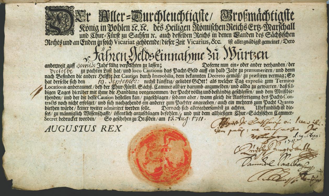Abb. Ausschreibung der Verpachtung der Fähreinnahmen 1711 (Staatsarchiv Leipzig, Stadt Wurzen, 2444)
